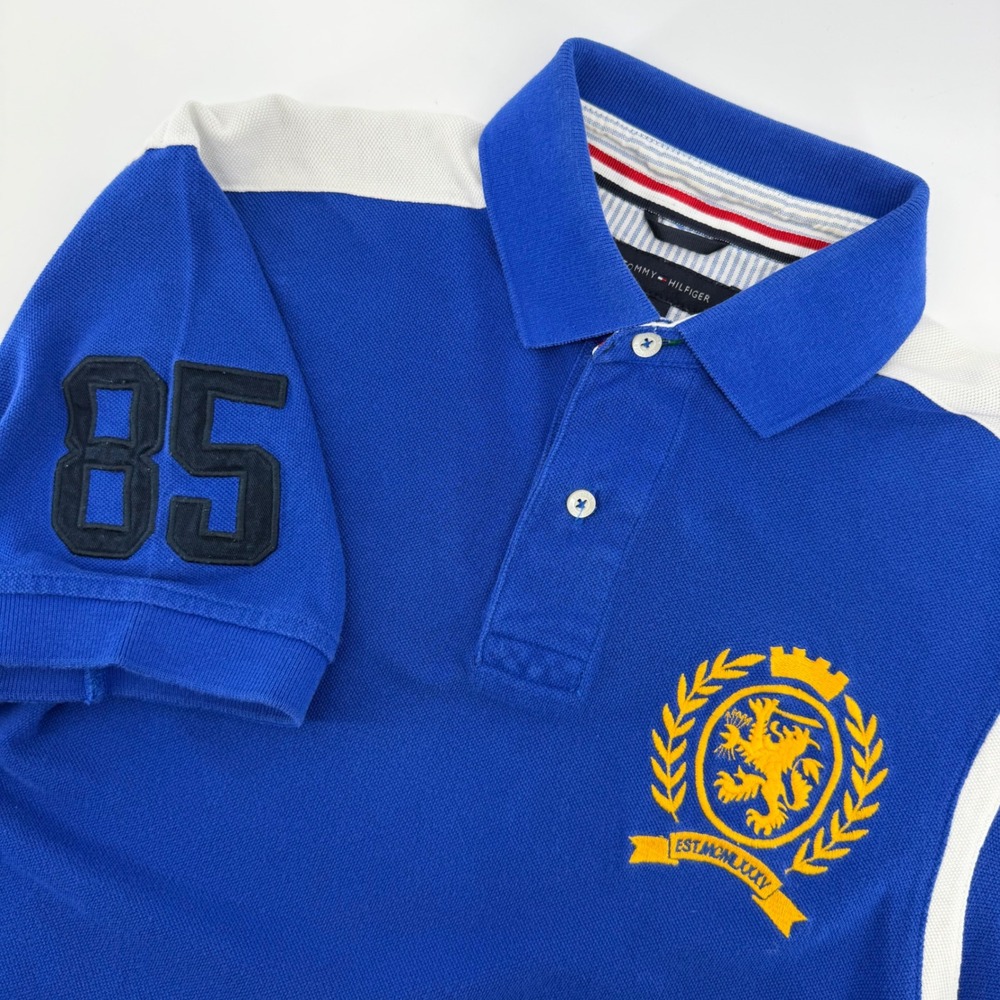 Tommy‎ Hilfiger Mens Royal Blue Crest Polo Shirt Short Sleeve White Trim Small